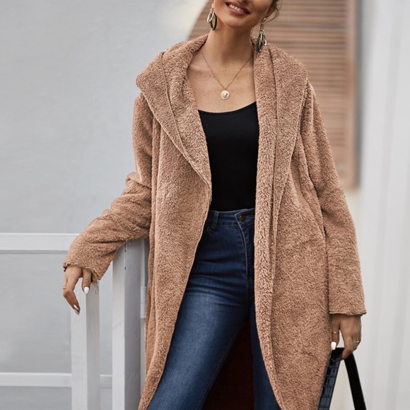 Olive oversized Open Front Hoodie jacket teddy - Picture 3 of 11